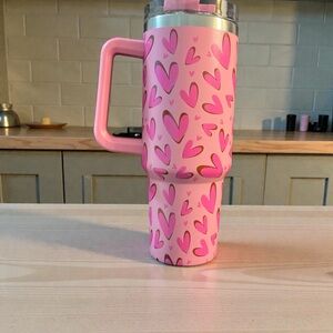 40 oz Stainless Steel Pink Heart Tumbler w/ Handle, Lid & Straw – Valentine Gift